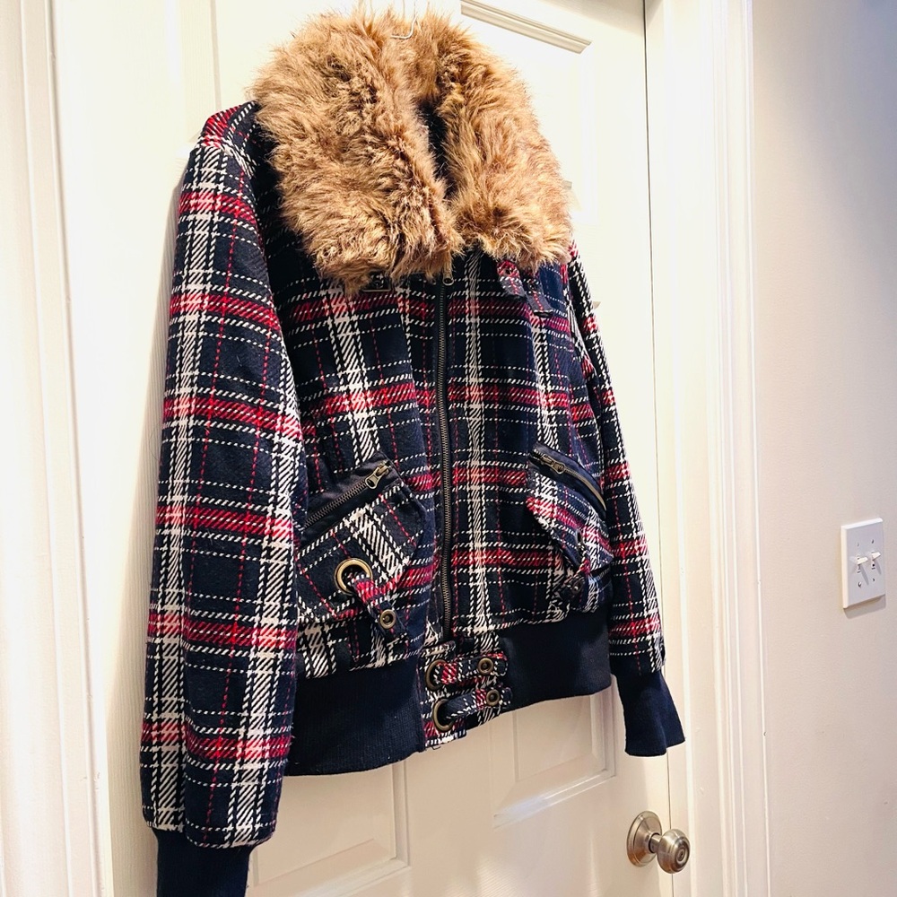 Vintage Red and black Plaid Bomber Jacket Coat